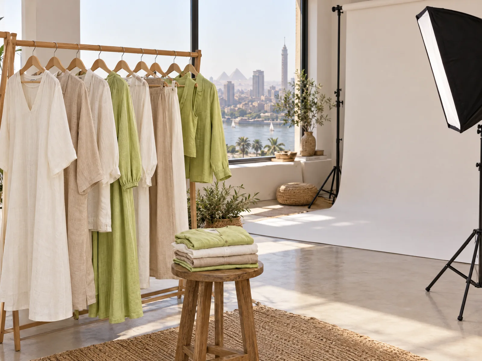 A summer clothing collection on a rail, ready for a shoot in a small studio.